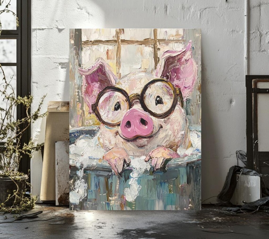 Funny Pig Wearing Glasses in Bubble Bath Whimsical Bathroom Animal Poster