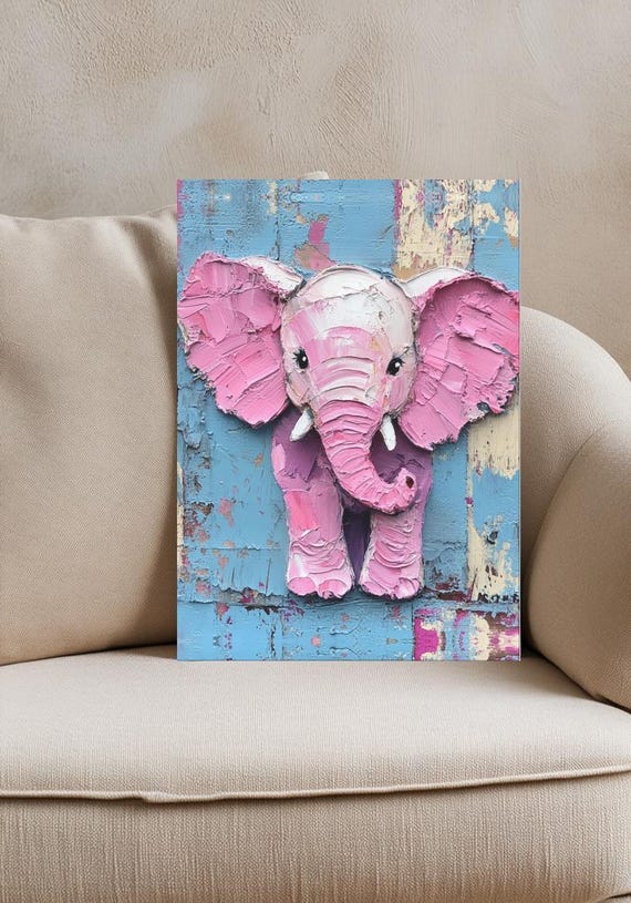 Pink Elephant Wall Art Colorful Animal Nursery Canvas Baby Girl Print Rustic Decor Vintage Safari Painting
