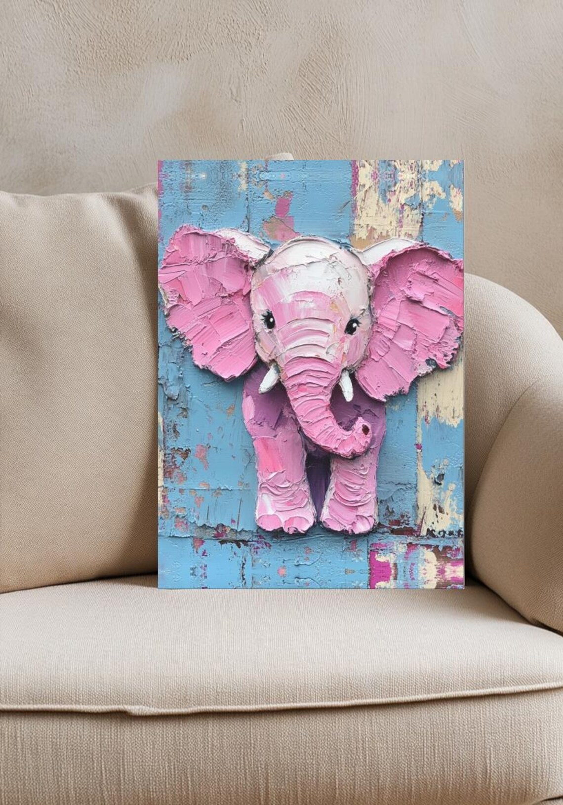 Pink Baby Elephant Textured Oil Painting Nursery Baby Girl Wall Art