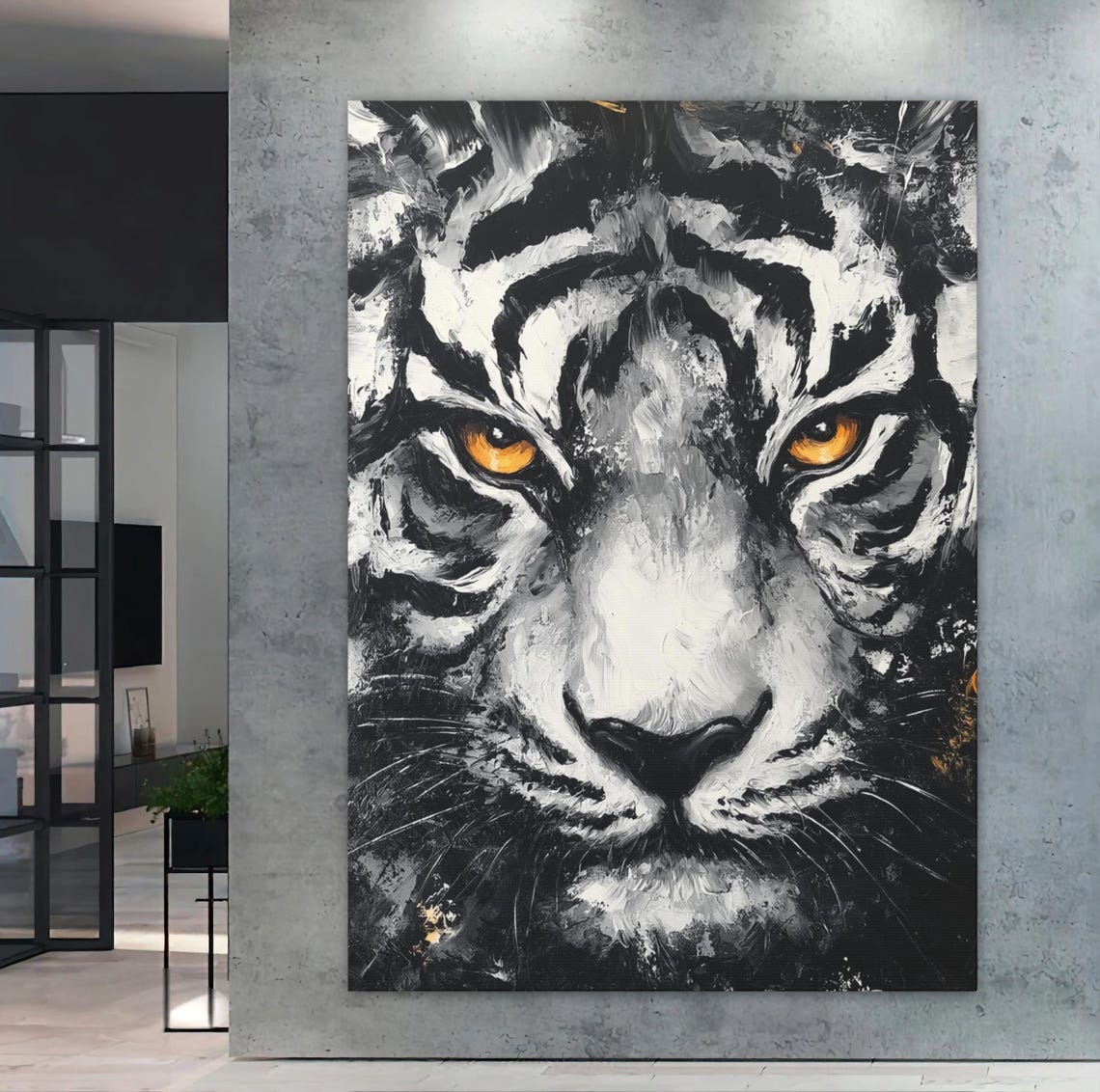 White Tiger Face Black and White Painting Amber Eyes Wildlife Poster