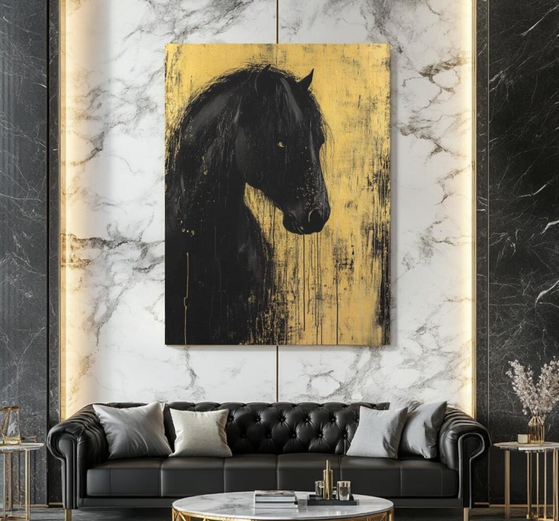 Black Horse On Gold Luxury Equestrian Grunge Abstract Wall Art