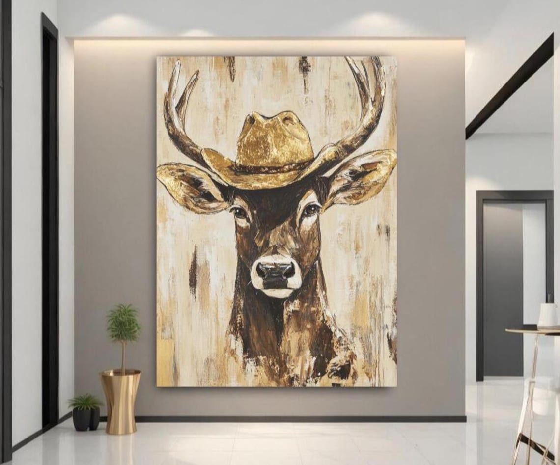 Cowboy Deer Art Print, Rustic Western Animal
