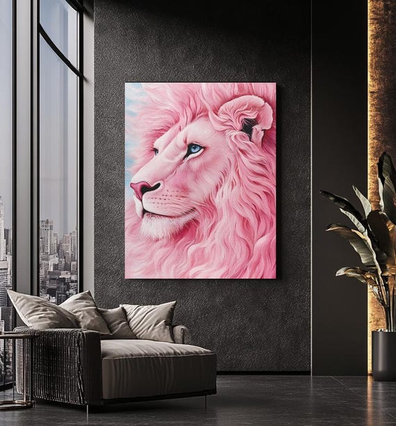 Pink Lion Wall Art Feminine Jungle Animal Canvas Print Modern Abstract Painting For Bedroom Office Dorm Gift Or Luxury Decor