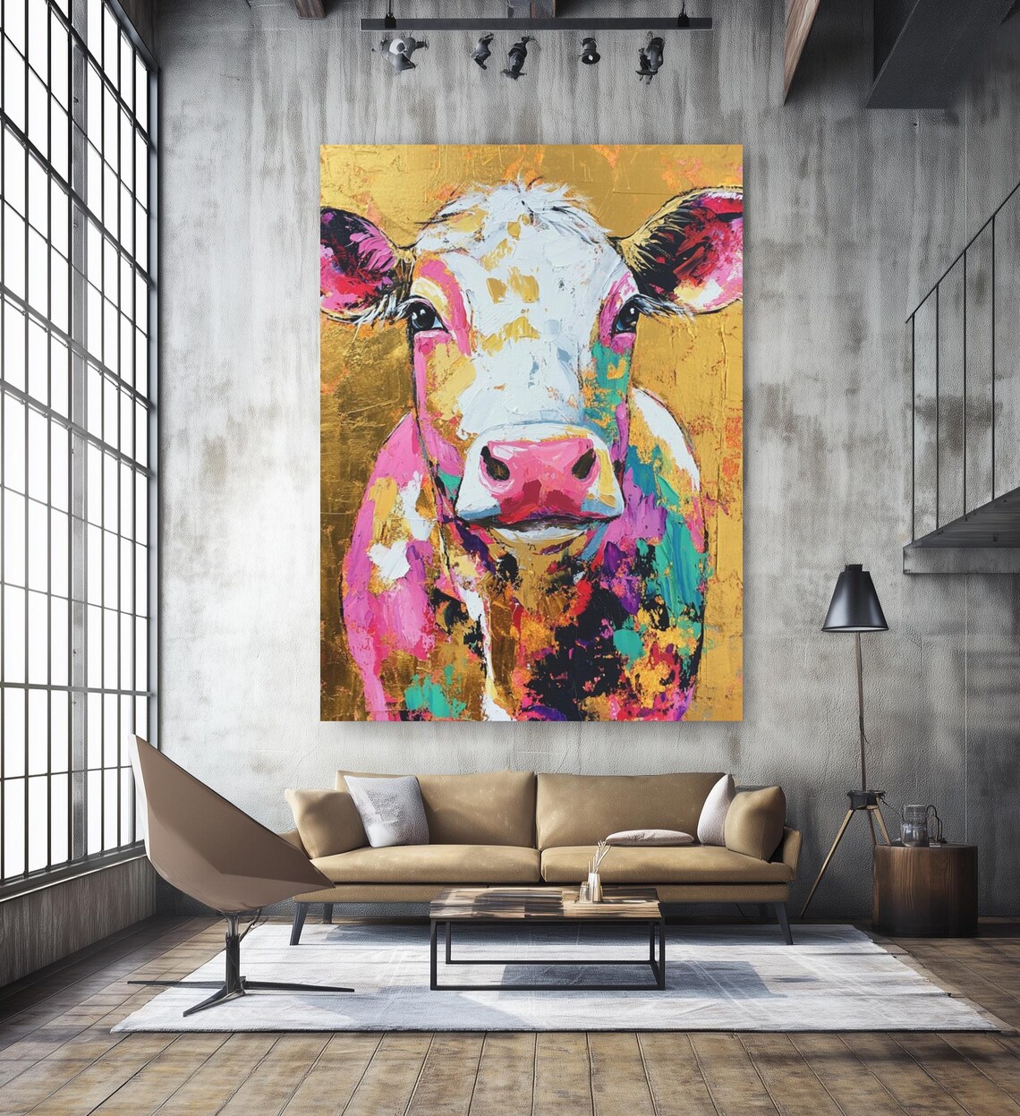 Colorful Cow Abstract Gold Background Modern Farmhouse Art Poster