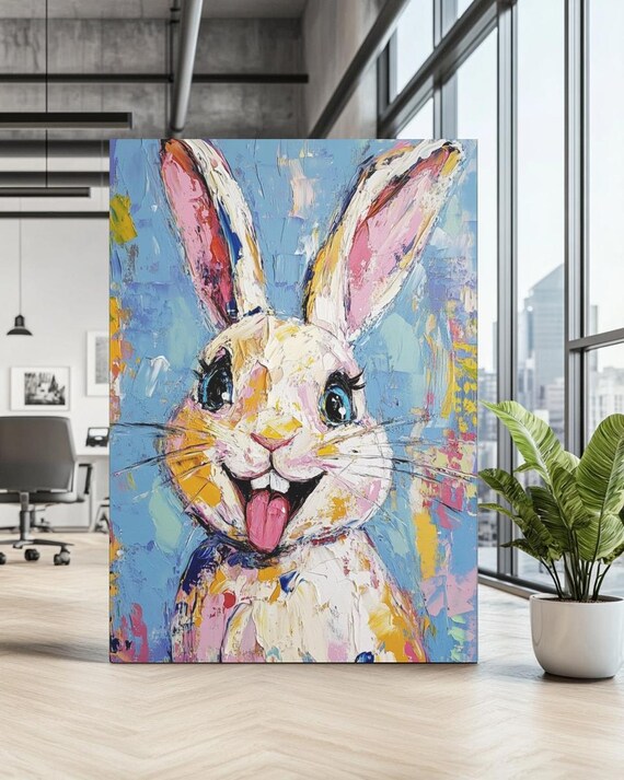 Funny Bunny Nursery Art Cute Rabbit Canvas Wall Decor Baby Animal Painting For Girl Or Boy Room Whimsical Kids Print Gift