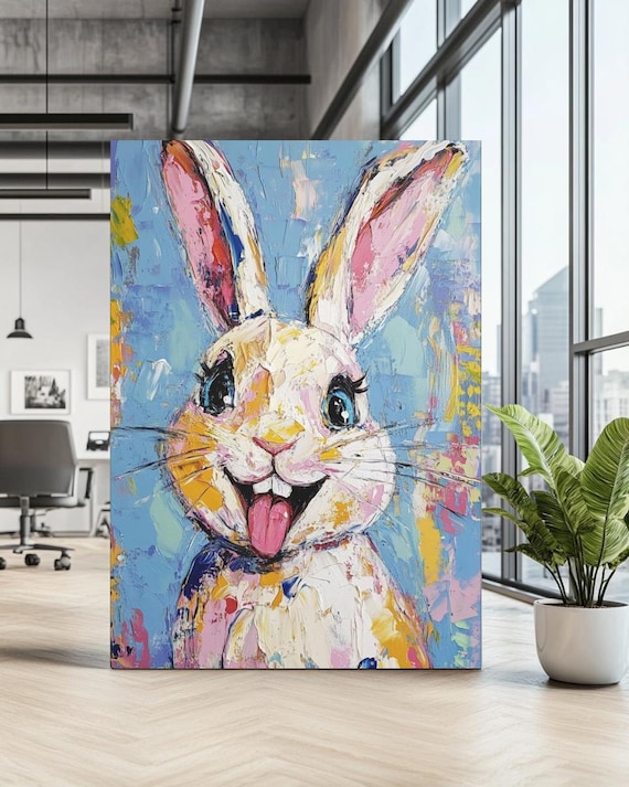 Funny Smiling Bunny Rabbit Painting Colorful Nursery Wall Art