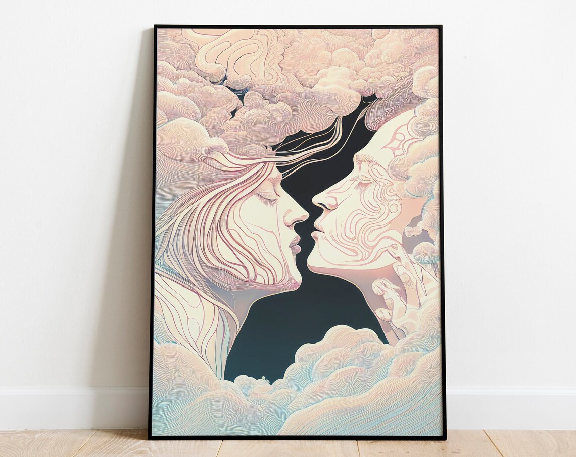 Two Faces Merging in Clouds Line Art Celestial Embrace Poster