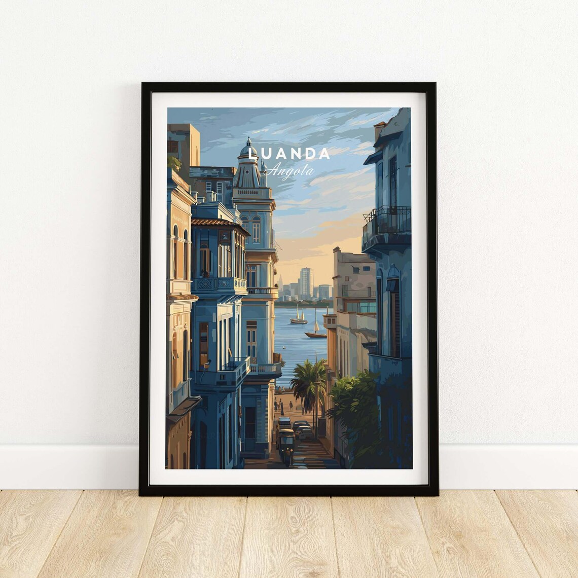 Luanda Angola Colonial Street Golden Hour Illustration Travel Poster