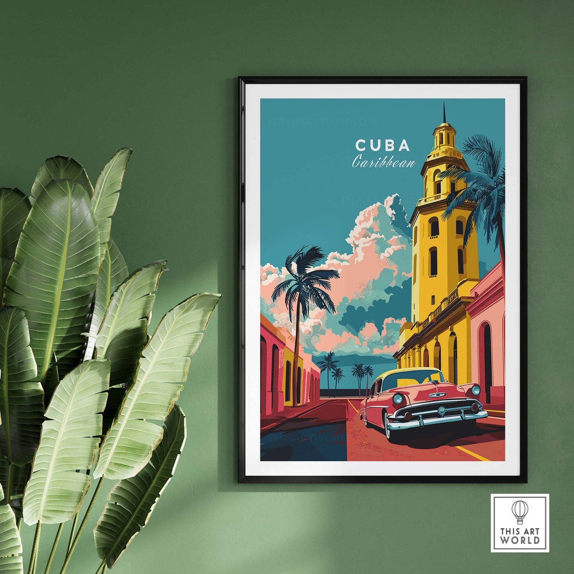 Cuba Caribbean Classic Red Car Church Tower Palm Street Poster - Image 2