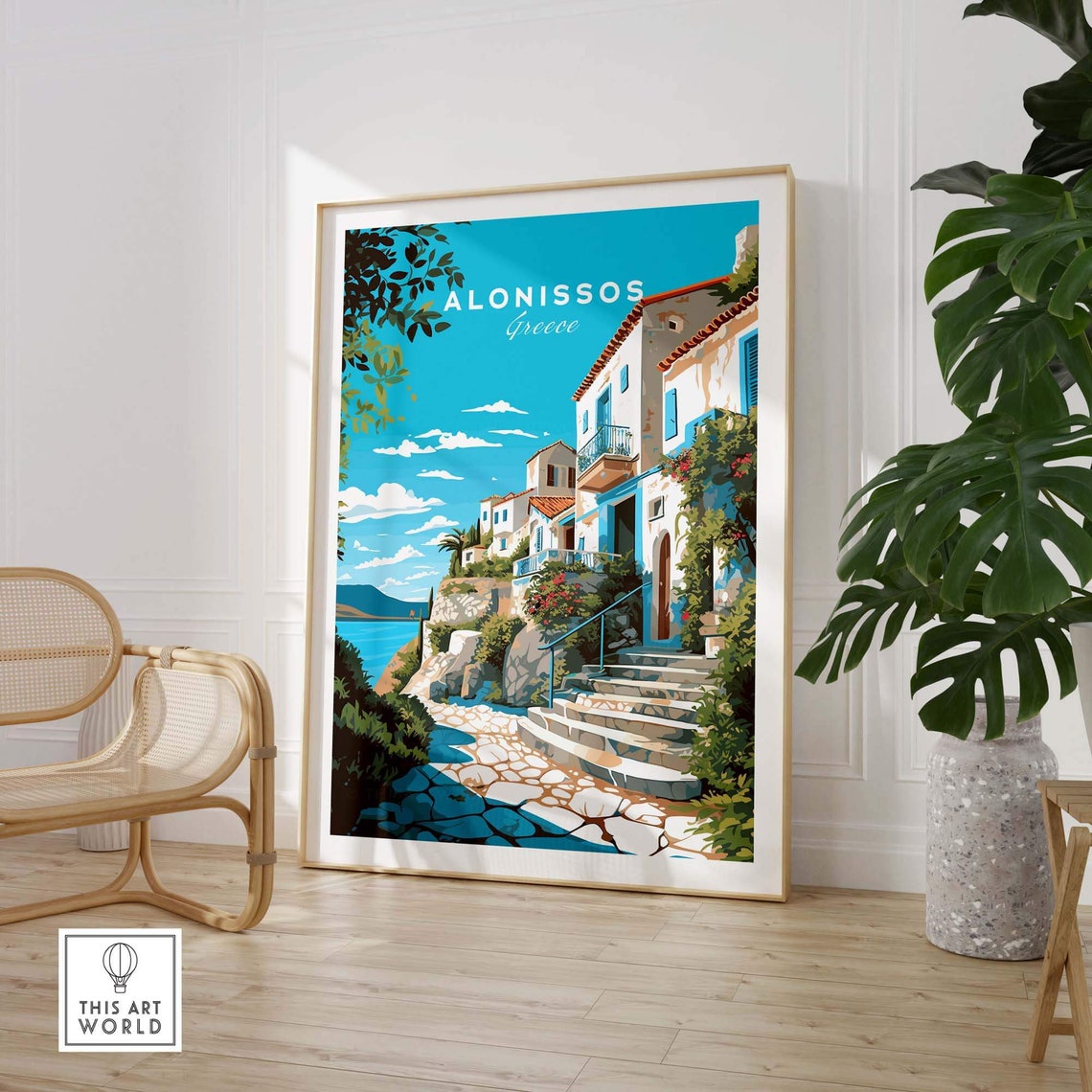 Alonissos Greece Whitewashed Village Alley Blue Shutters Poster - Image 3