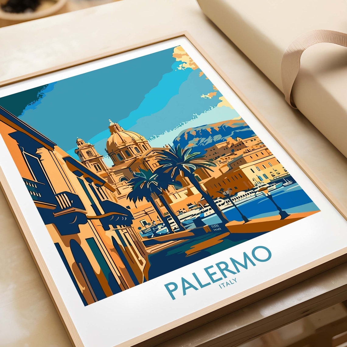 Palermo Sicily Cathedral Palm Trees Waterfront City Scene Poster