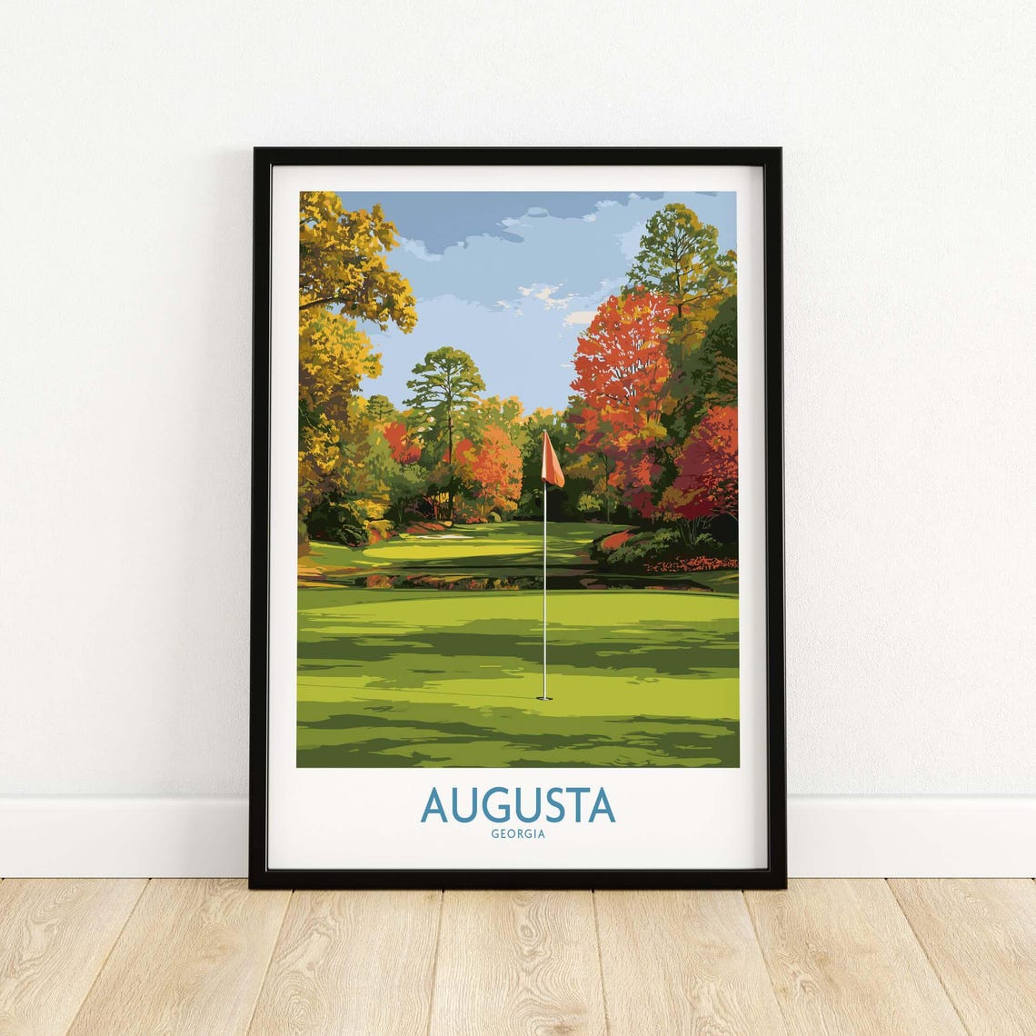 Augusta Georgia Golf Green Flagstick Autumn Foliage Art Poster