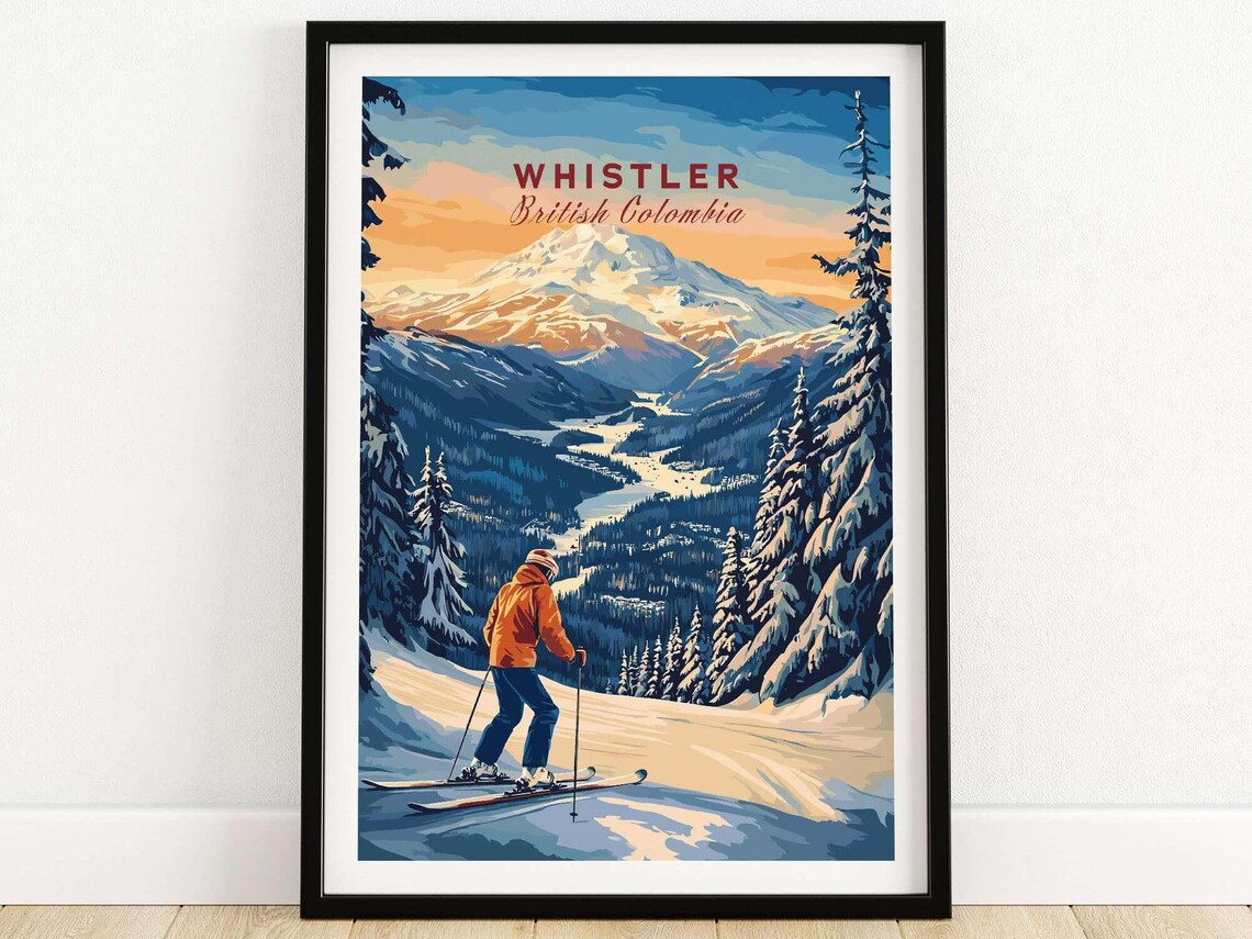 Whistler British Columbia Sunset Skier Over Valley Peaks Travel Poster