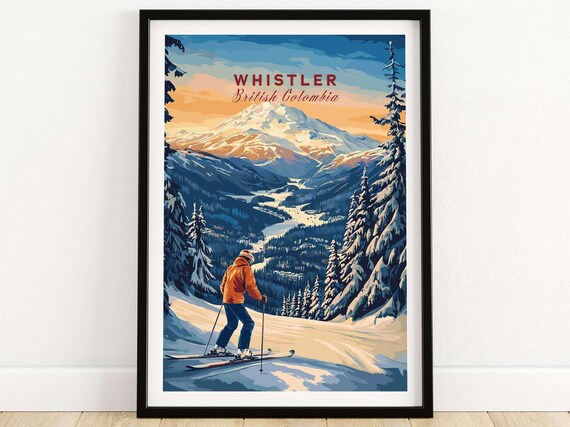 Whistler British Columbia Sunset Skier Over Valley Peaks Travel Poster
