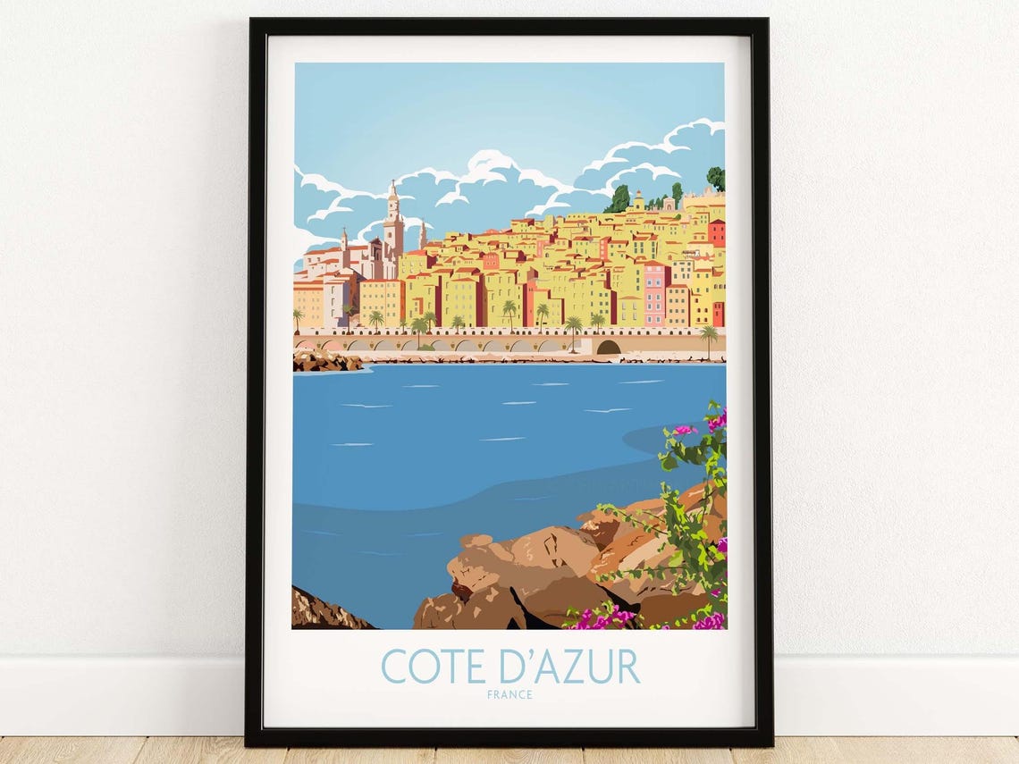 Cote d'Azur France Colorful Mediterranean Coastline Art Poster