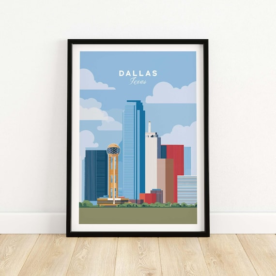 Dallas Texas Skyline Reunion Tower Flat Illustration Travel Poster
