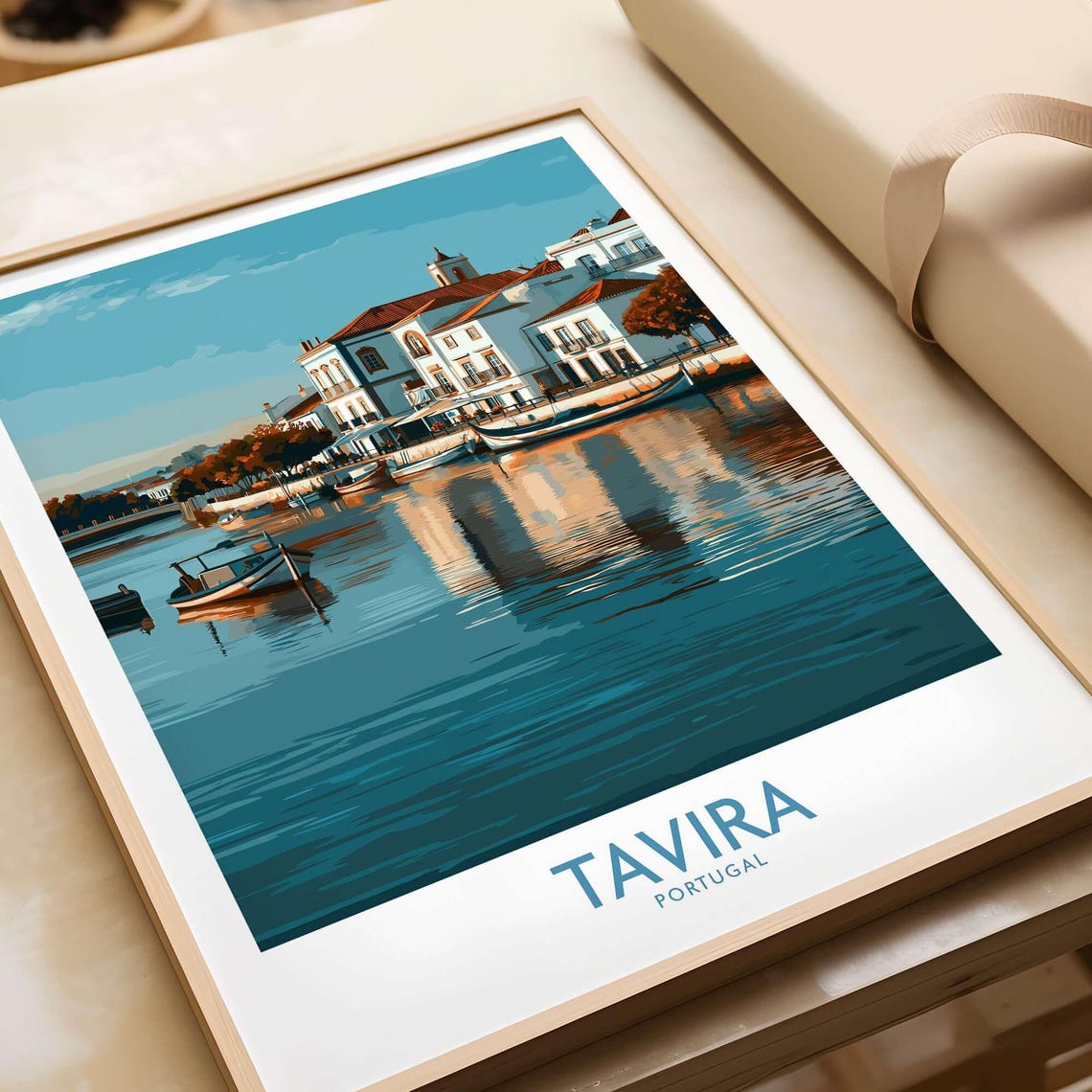 Tavira Portugal Waterfront Boats Reflection Coastal Travel Poster