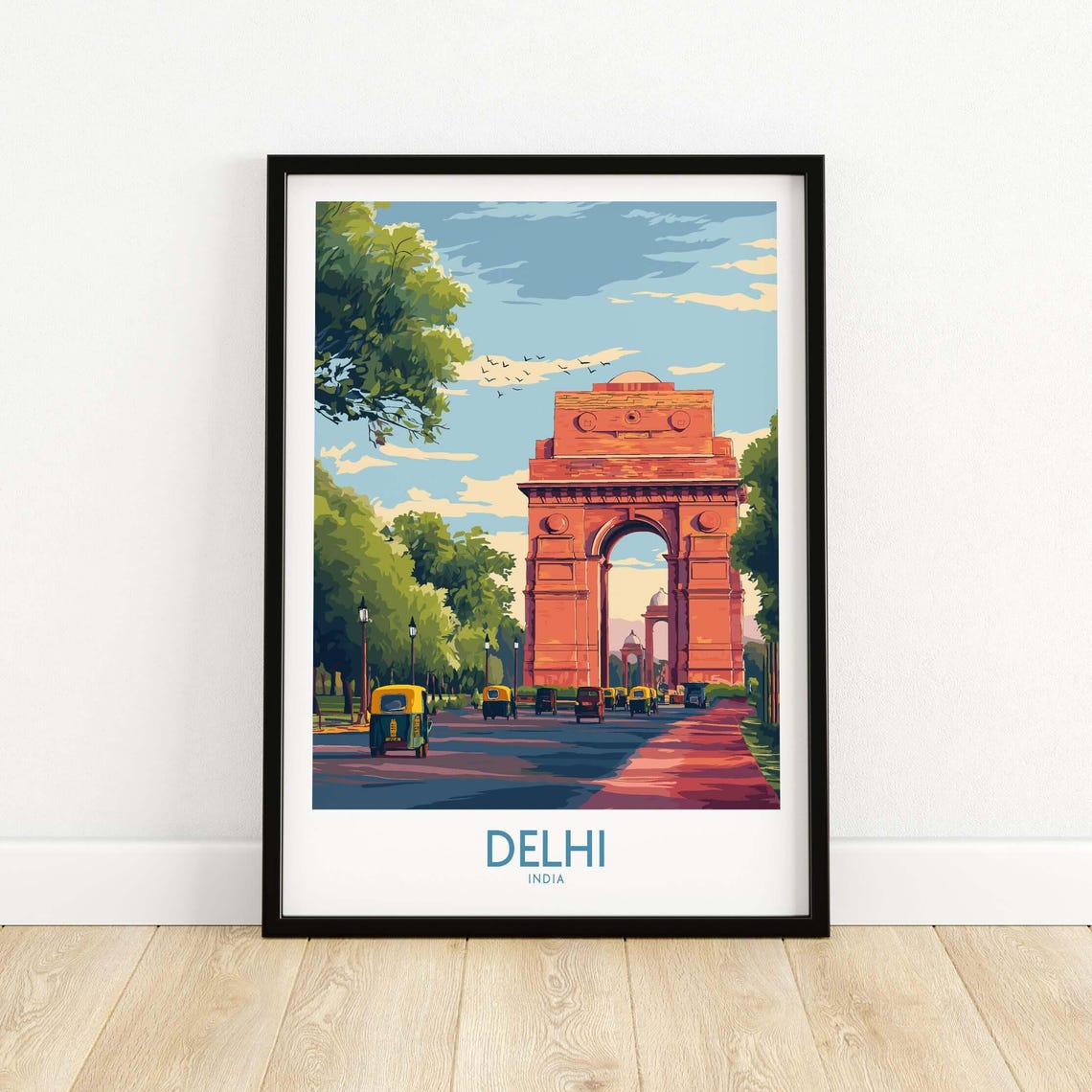 India Gate Delhi Travel Print Cityscape Poster Landmark Wall Art Rickshaw Gift Lovers Illustration Artwork