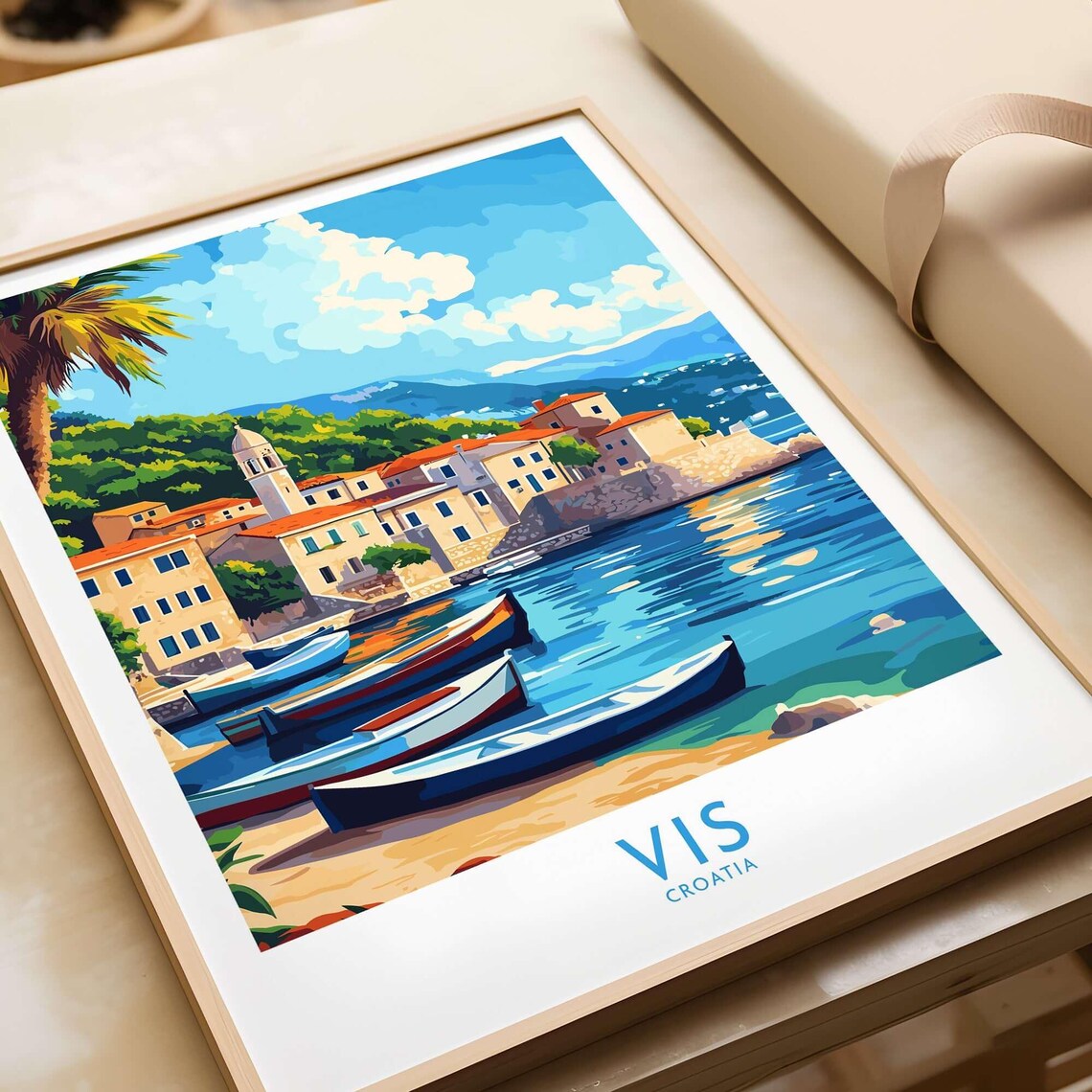 Vis Croatia Island Sunny Coastal Village Fishing Boats Travel Poster