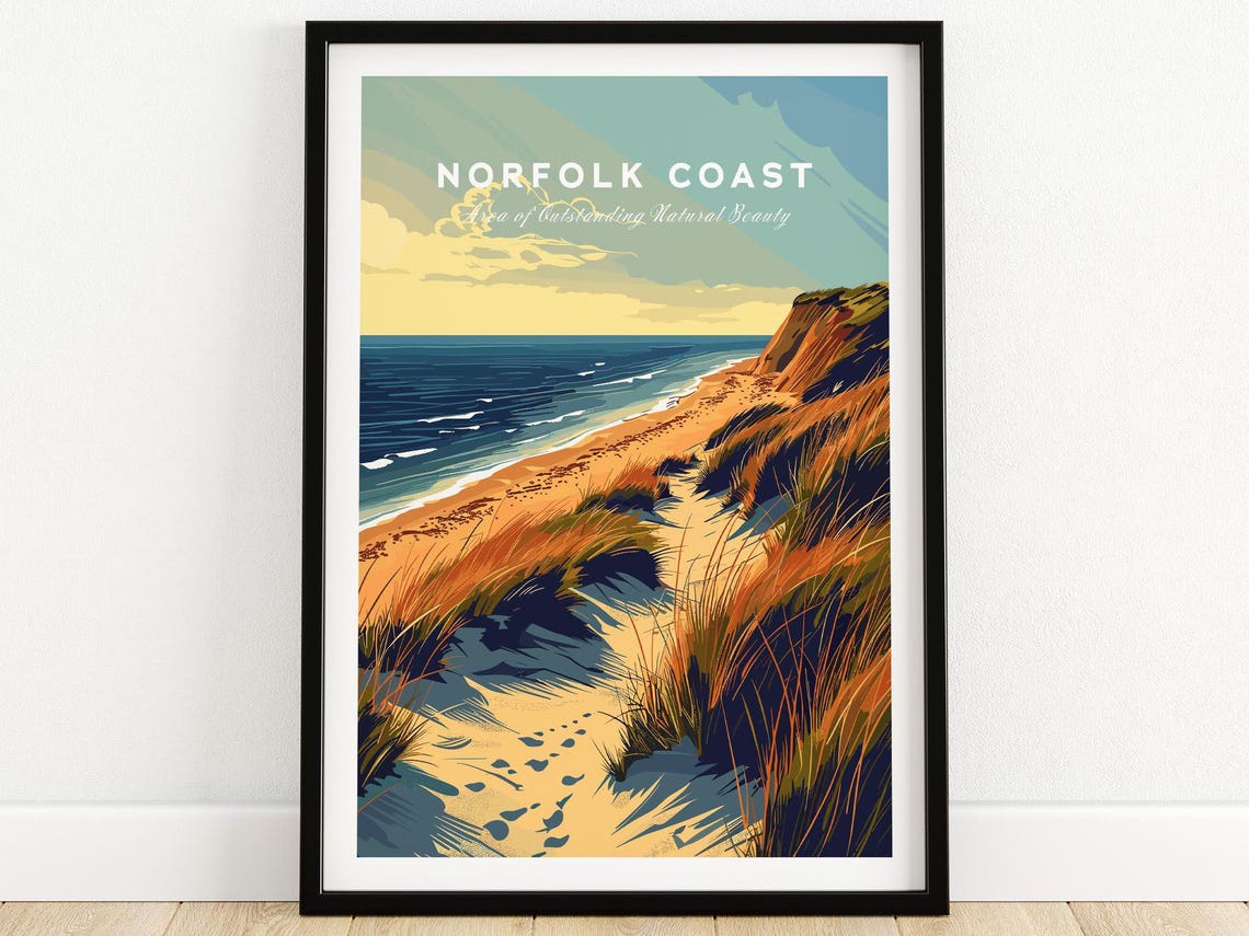 Retro Norfolk Coast England Beach Dunes Sunset Cliffs Poster