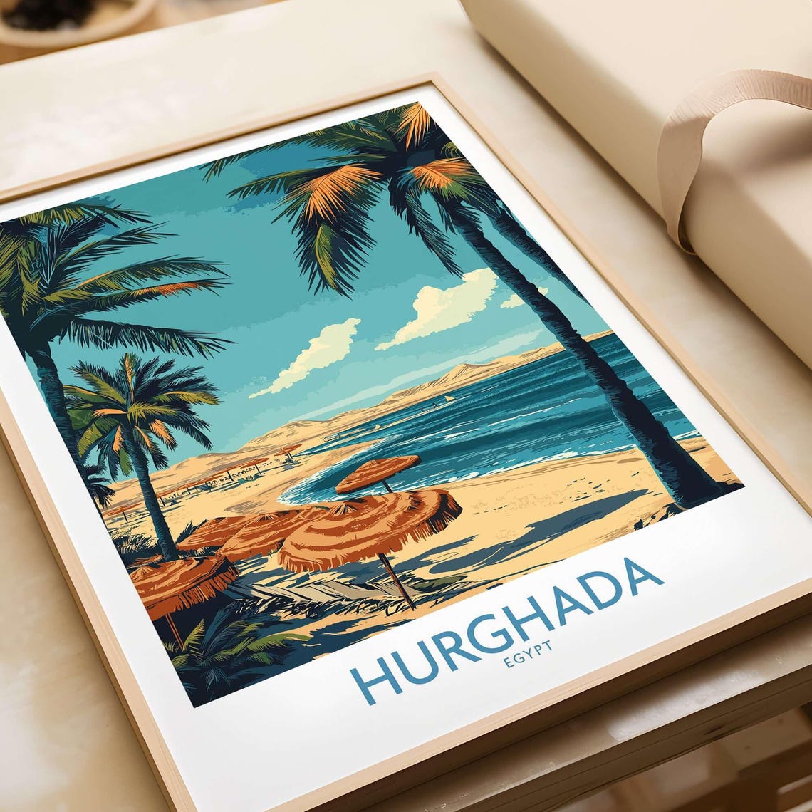 Hurghada Egypt Red Sea Beach Palm Trees Parasols Vintage Travel Poster
