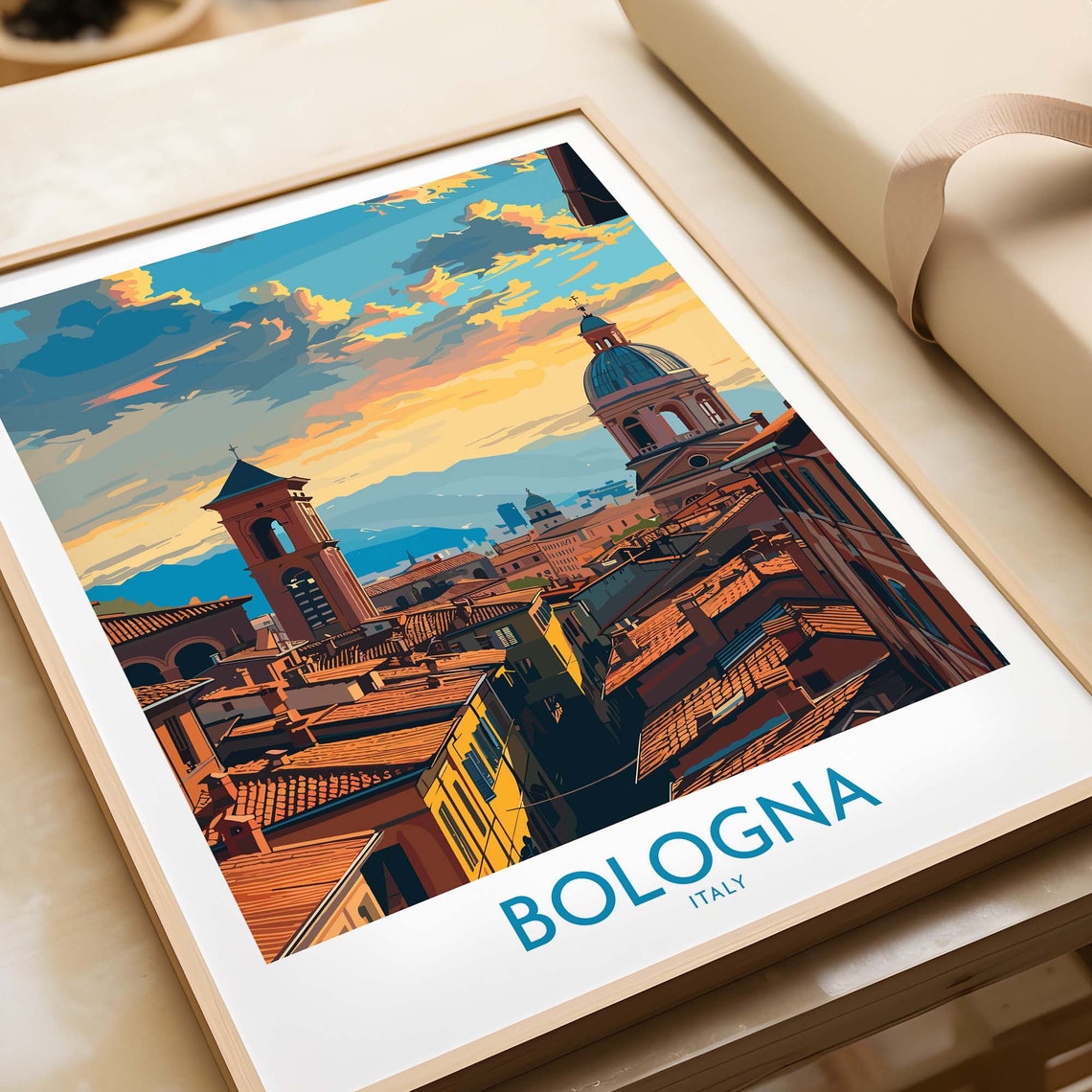 Vintage Bologna Sunset Over Medieval Rooftops And Towers Poster