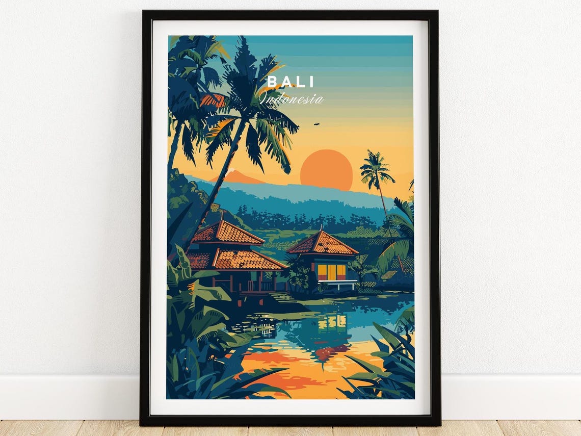 Bali Indonesia Sunset Temple Lake Reflection Palm Art Poster