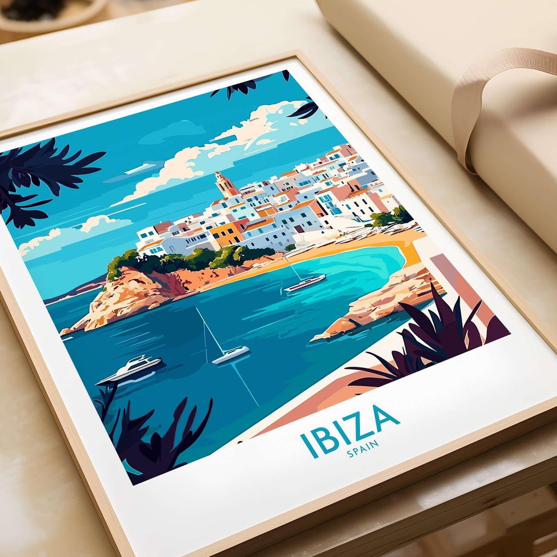 Balearic Ibiza Spain Old Town Turquoise Bay Boats Travel Poster
