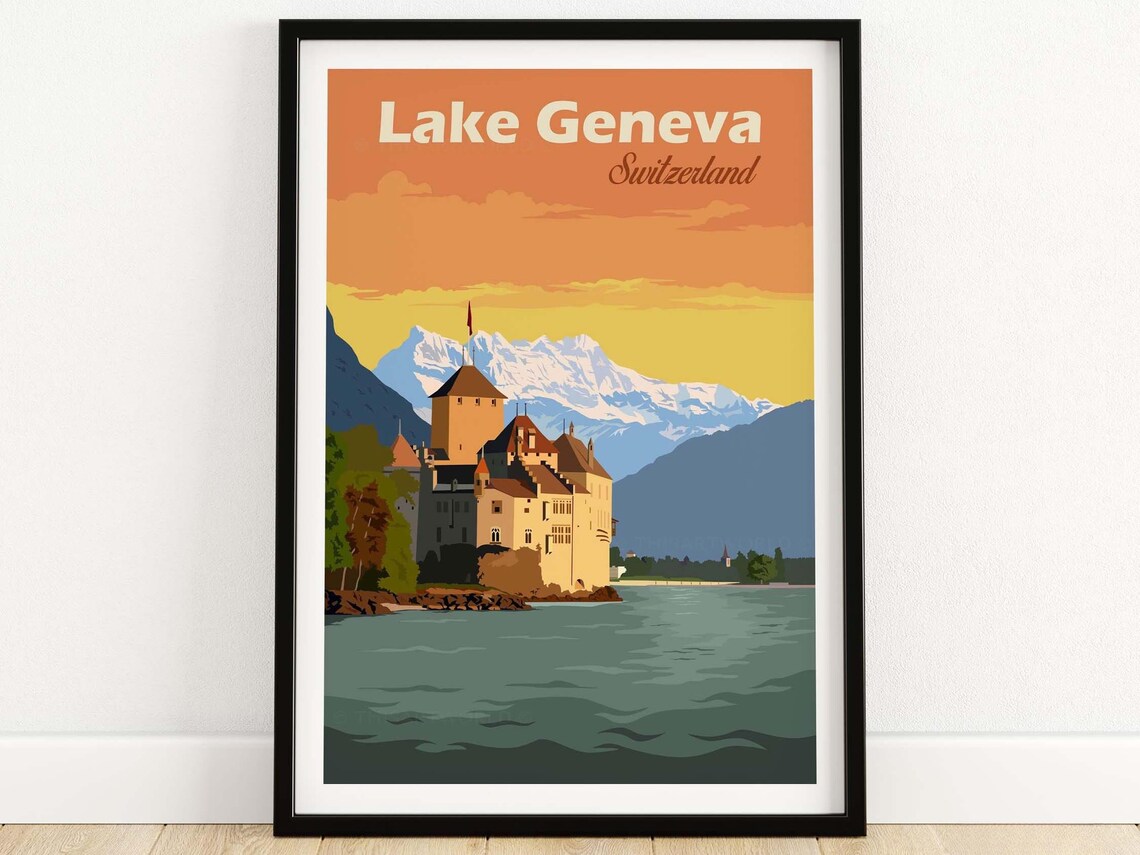 Lake Geneva Travel Poster, Swiss Lake Artwork