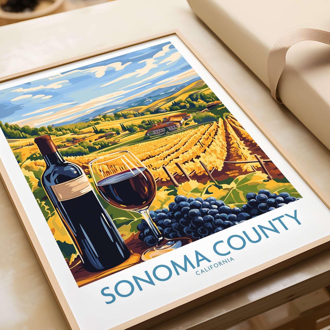 Sonoma County California Sunset Vineyard Wine Poster Bottle Glass Art
