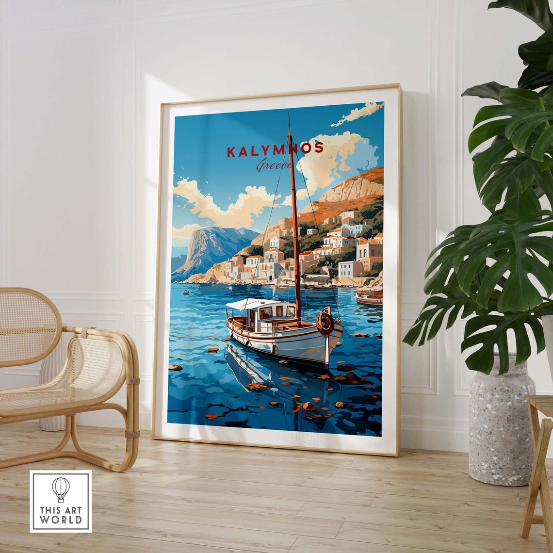 Kalymnos Greece Sunny Harbor Wooden Boat Rocky Cliff Town View Poster - Image 3