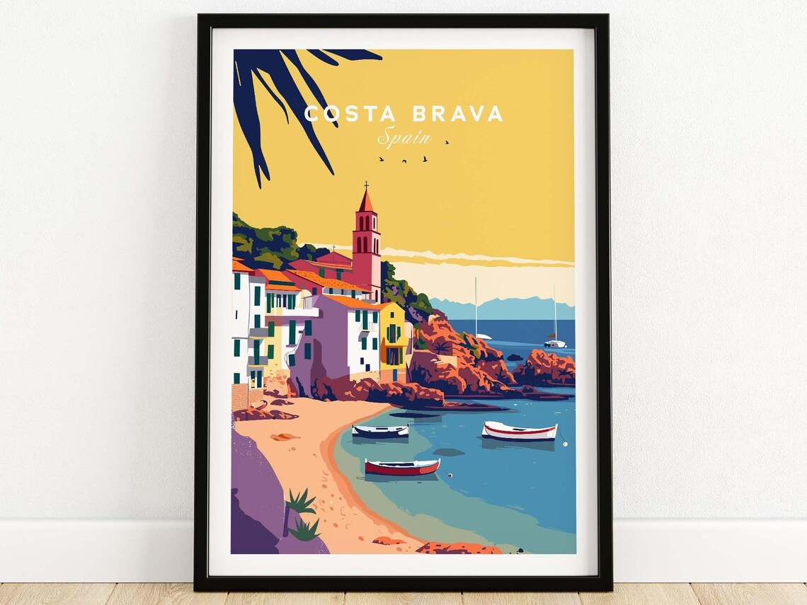 Costa Brava Spain Fishing Village Beach Church Tower Travel Poster
