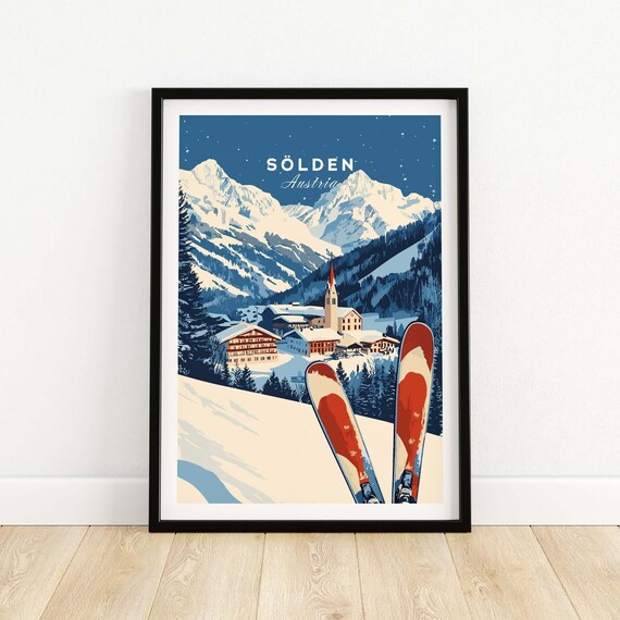 Sölden Austria Snowy Alpine Village Red Vintage Skis Travel Poster