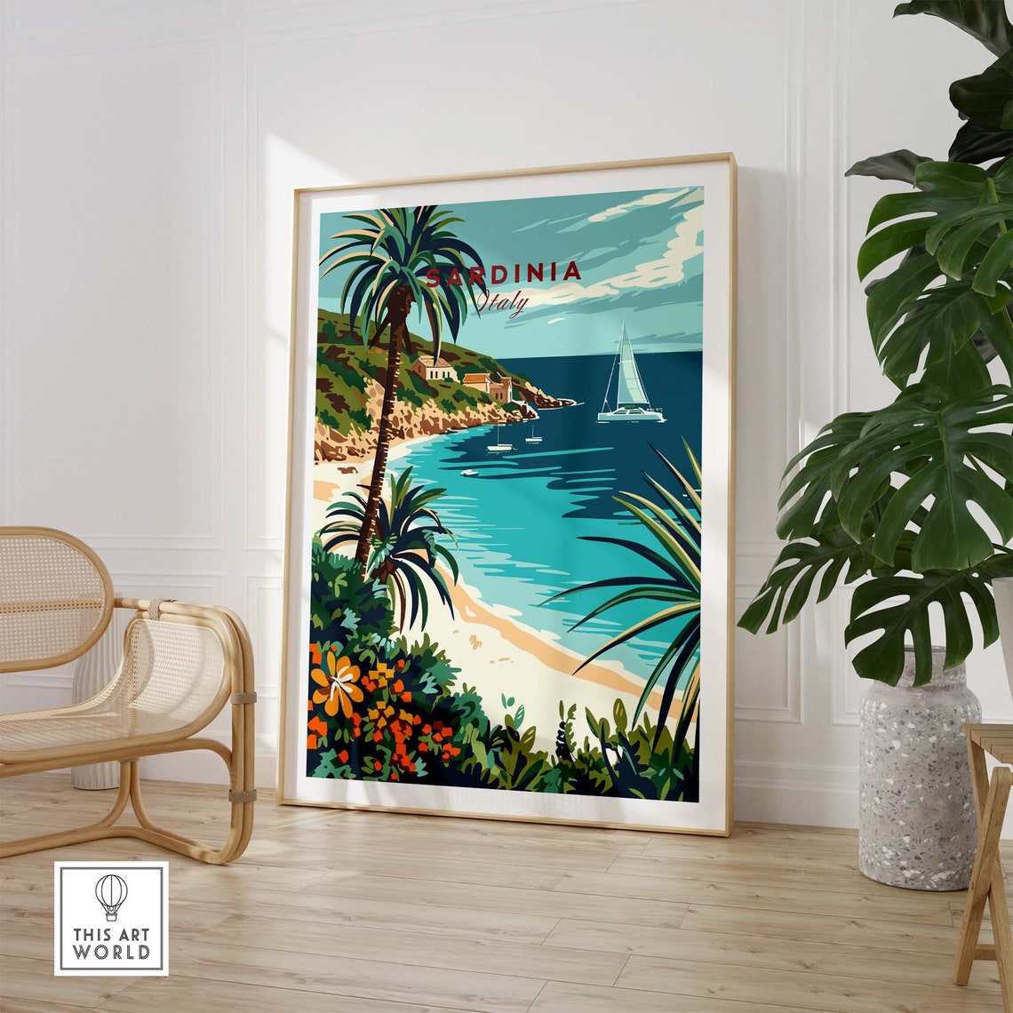 Sardinia Italy Tropical Cove Beach Palms Sailboats Art Poster - Image 2