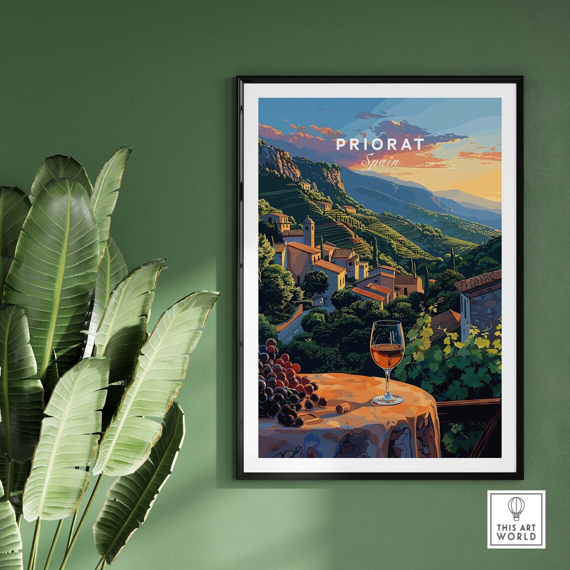Priorat Spain Hillside Village Wine Glass Sunset Scenic Poster - Image 2