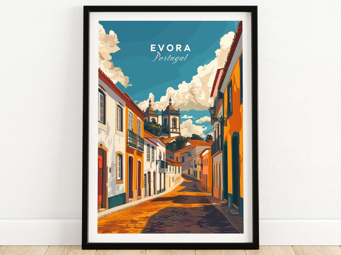 Evora Portugal Historic Old Town Cobblestone Street Travel Poster