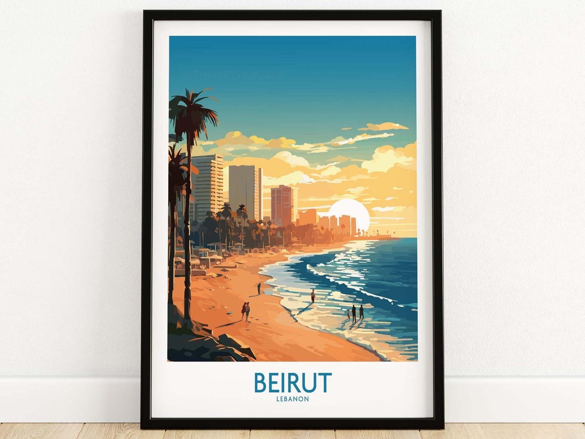 Beirut Lebanon Sunset Beach Palm Trees Seaside Skyline Travel Poster