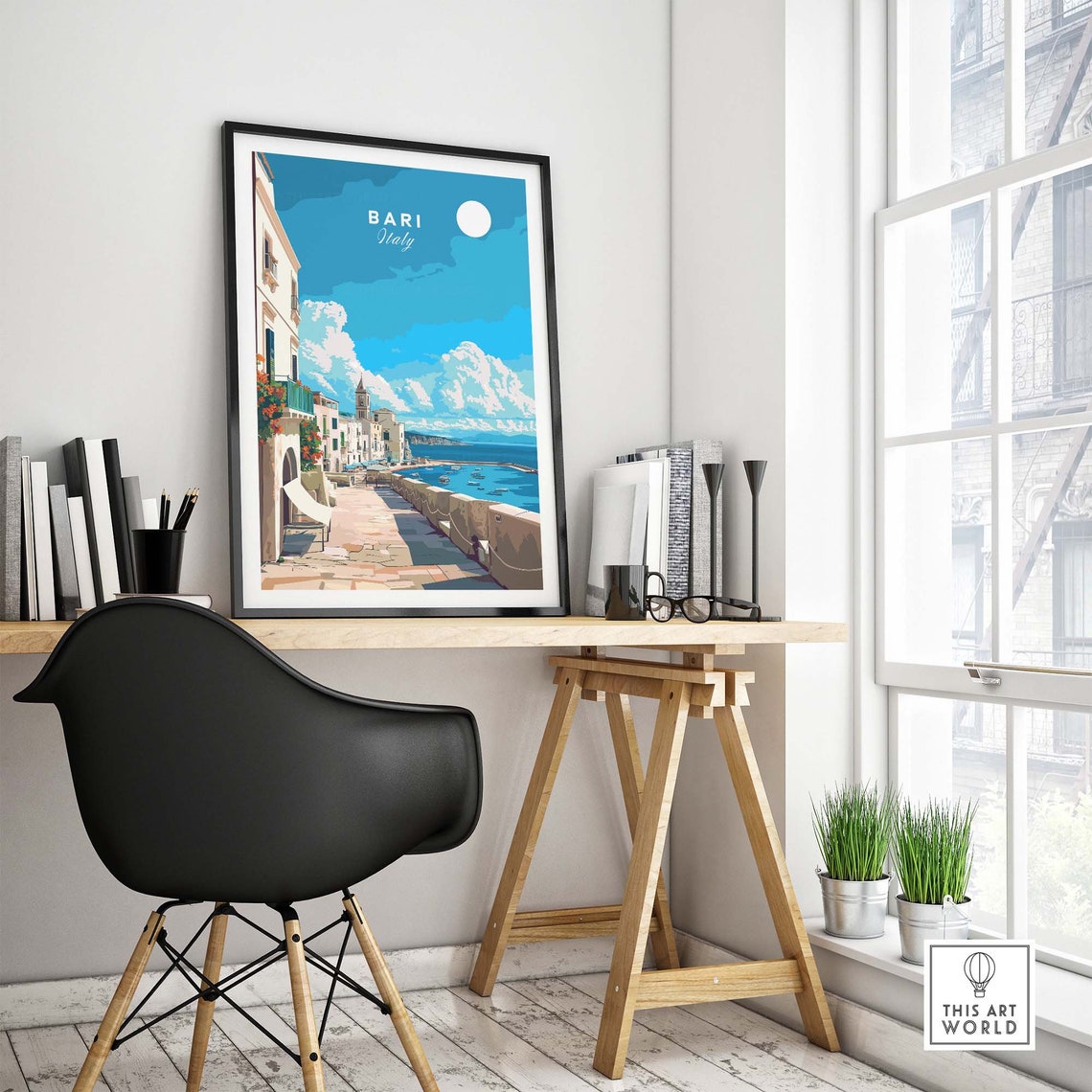 Bari Italy Seaside Promenade Boats Sunny Harbor Walk View Poster - Image 4