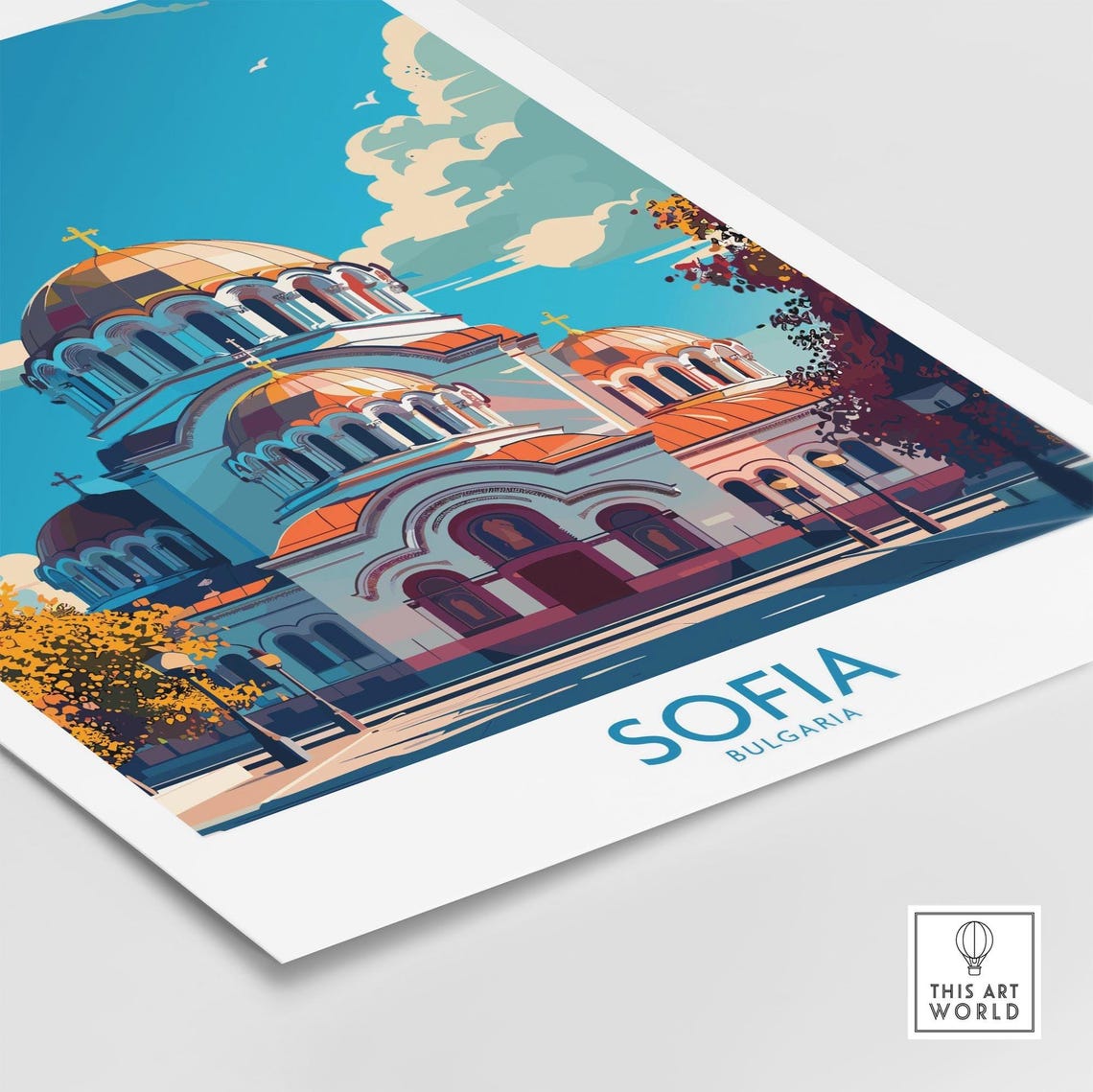 Retro Sofia Bulgaria Cathedral Facade Autumn Street Scene Poster - Image 4