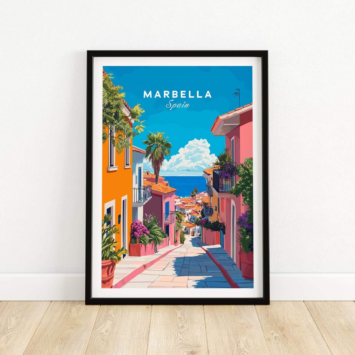 Marbella Spain Colorful Old Town Street Sea View Illustrated Poster