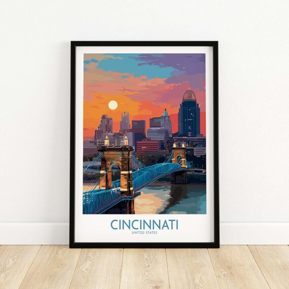 Cincinnati Ohio Sunset Skyline Roebling Bridge Vintage Travel Poster