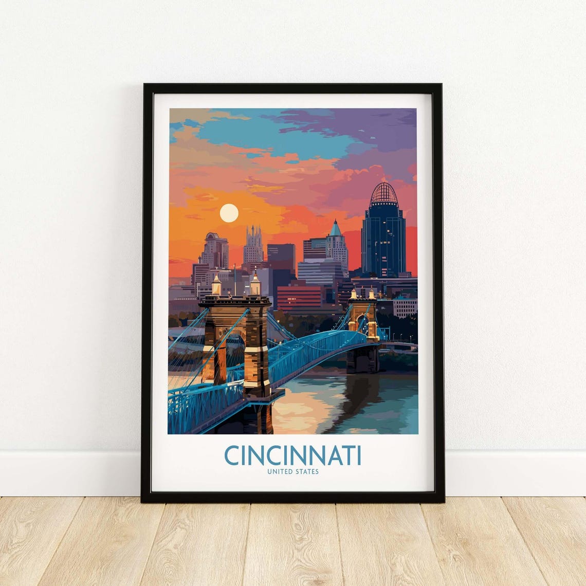 Cincinnati Ohio Sunset Skyline Roebling Bridge Vintage Travel Poster