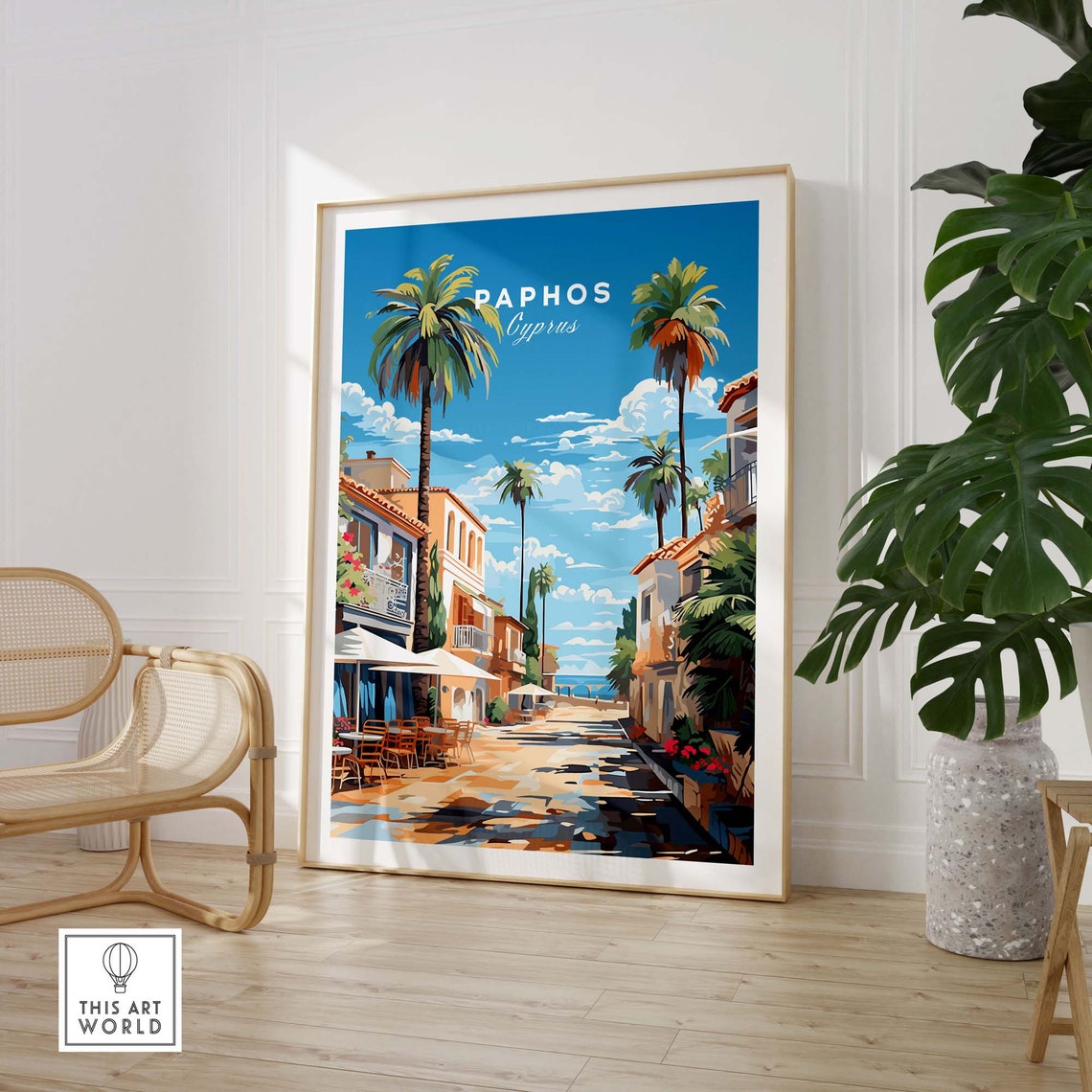 Paphos Cyprus Seaside Promenade Palm Trees Travel Art Poster - Image 3