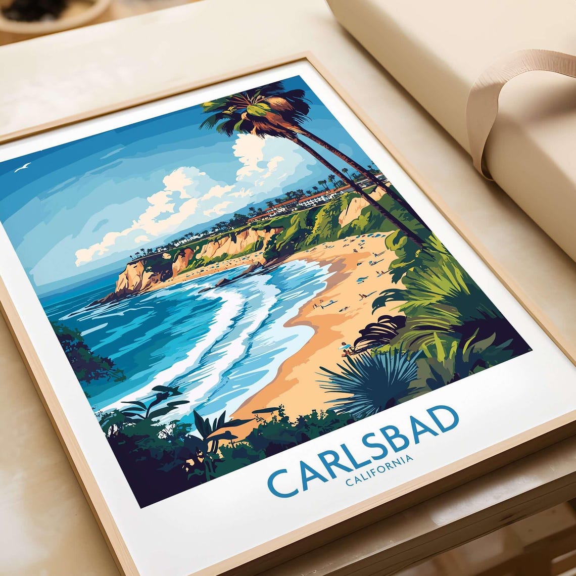 Carlsbad California Beach Cliffs Palm Trees Surf Travel Poster