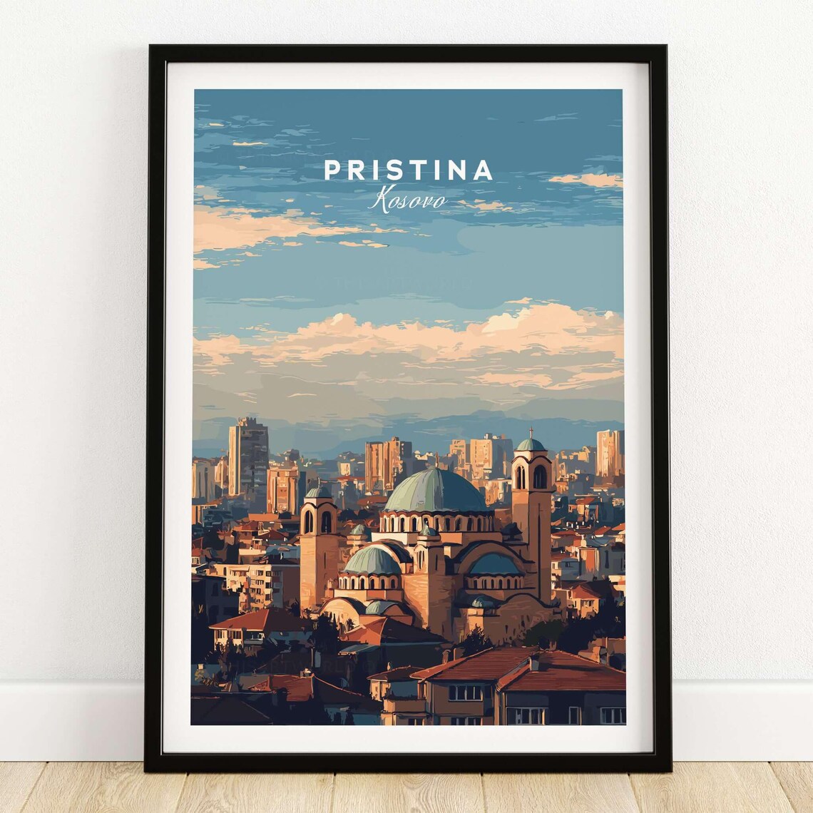 Pristina Kosovo Golden Hour Cathedral Cityscape Vintage Travel Poster