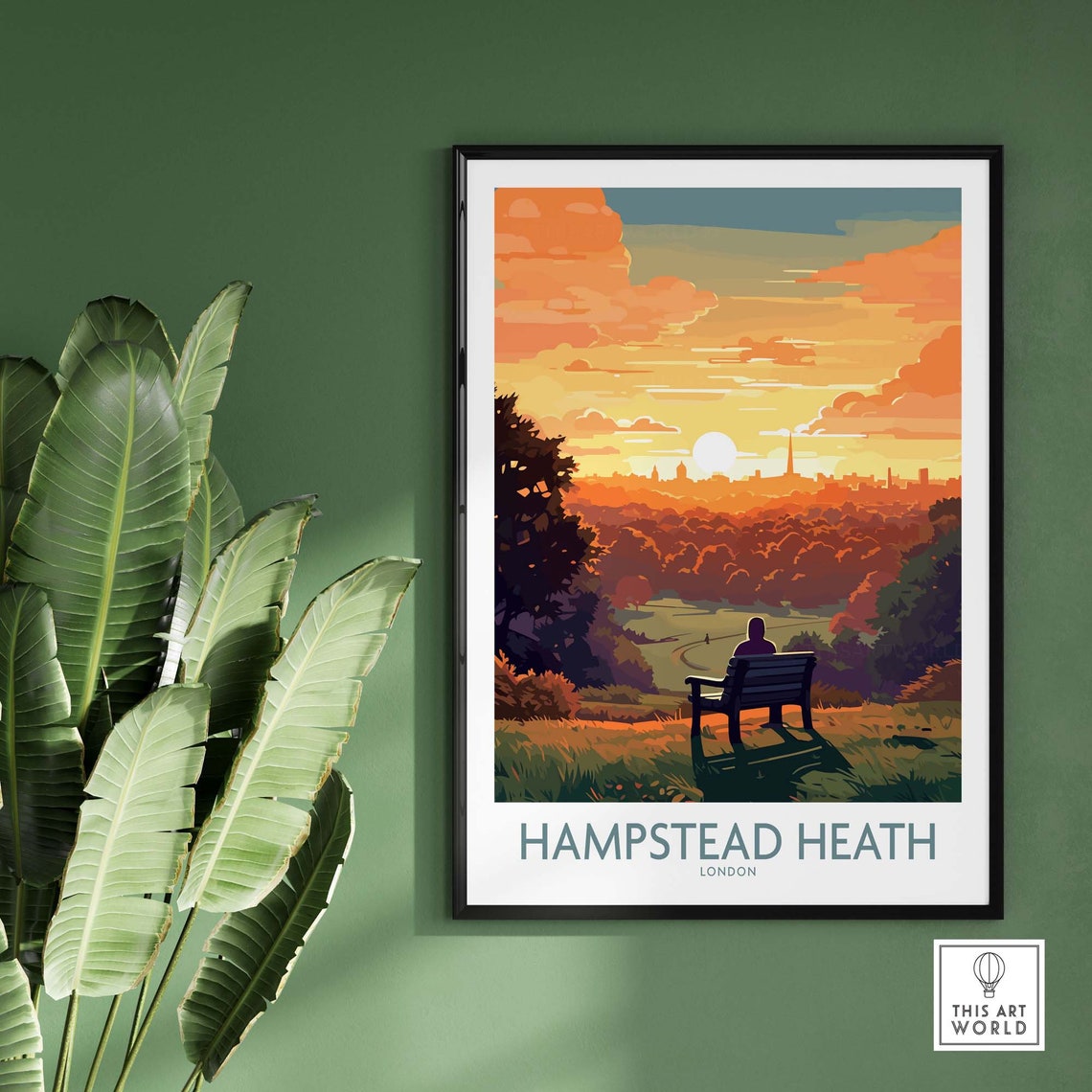 Hampstead Heath London Golden Sunset Park Bench View Travel Poster - Image 2