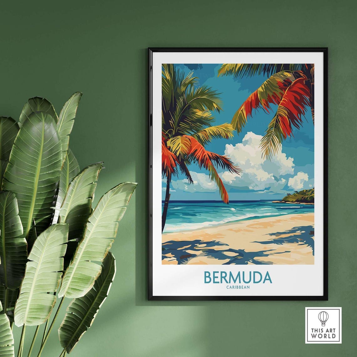 Bermuda Caribbean Beach Palm Fronds Turquoise Ocean Travel Poster - Image 2