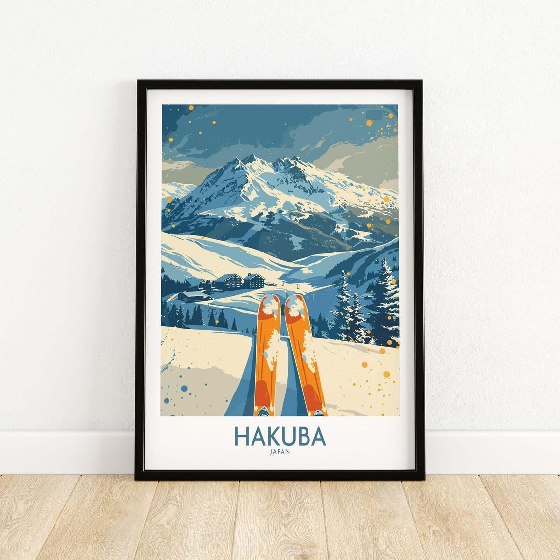 Hakuba Japan Ski Resort With Orange Skis In Fresh Powder Poster