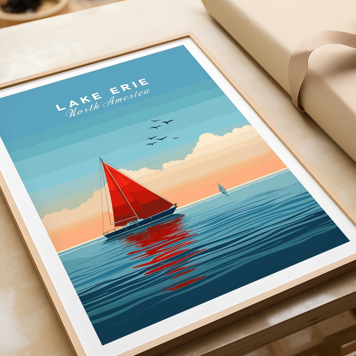 Lake Erie North America Red Sailboat Golden Sunset Sailing Poster