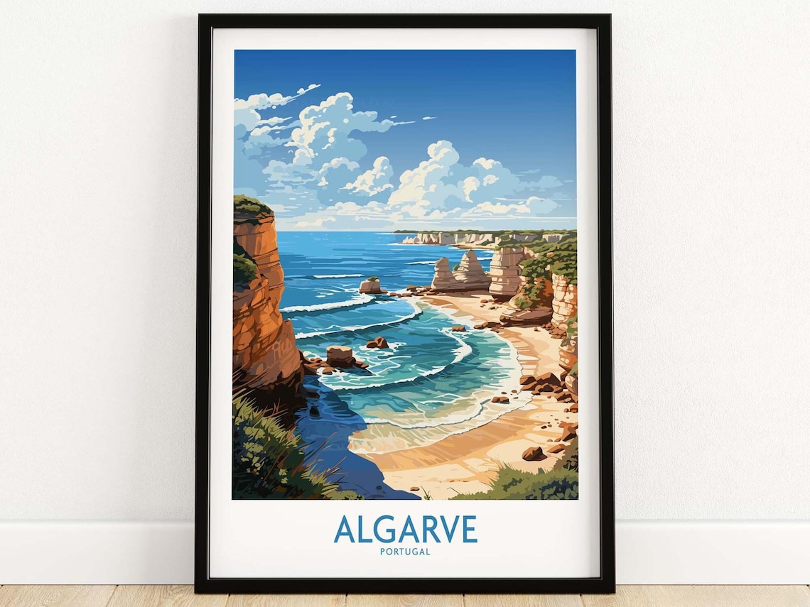Algarve Portugal Golden Cliffs Beach Turquoise Sea Travel Art Poster